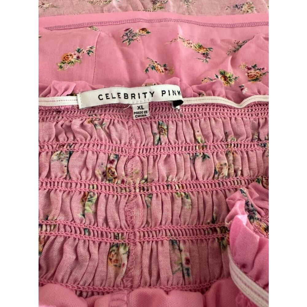 Celebrity Pink Floral Smocked Halter Top Pink Ruffle Stretch NWT XL - Picture 2 of 8